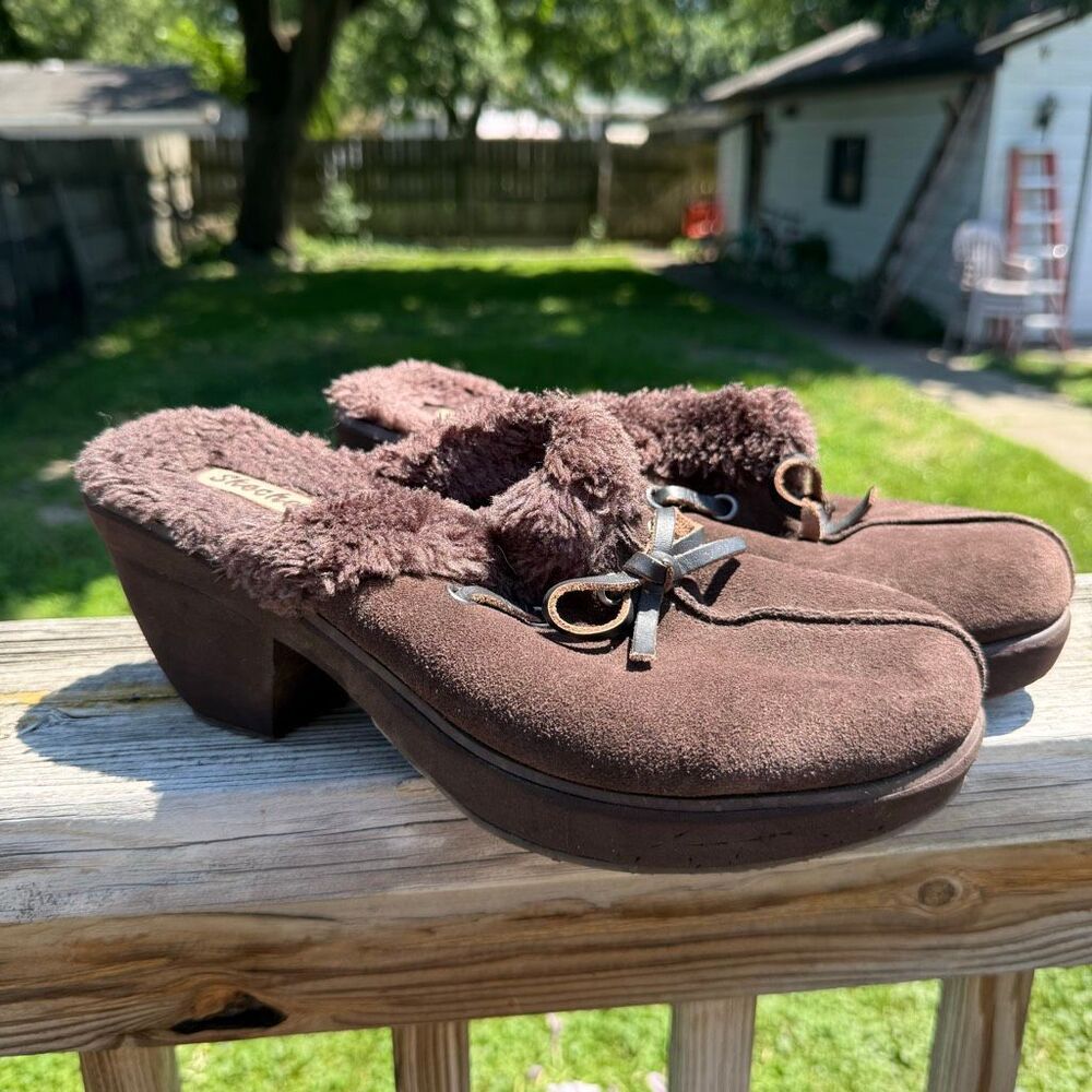 Y2K Skechers Brown Faux Fur Platform Heel Mule Clogs Women’s Size 10